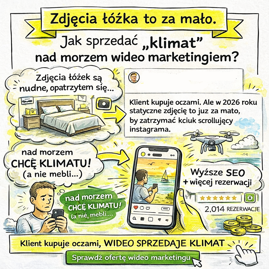 Ręcznie rysowana infografika pokazująca, że zdjęcia łóżka nie oddają klimatu nad morzem i że wideo marketing skuteczniej sprzedaje noclegi.