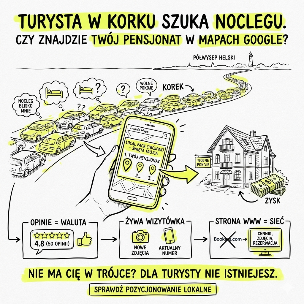Infografika w stylu szkicu, pokazująca korki na Półwyspie Helskim i turystów szukających noclegu w Google Maps na smartfonie. Mapa z pineskami "Święta Trójca" i strzałką prowadzącą do pensjonatu z napisem "ZYSK". Tekst "Turysta w korku szuka noclegu. Czy znajdzie Twój pensjonat w Mapach Google?".